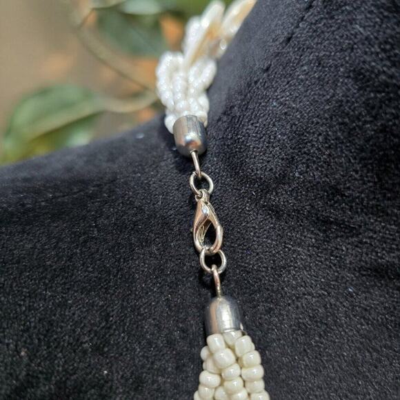 Women White Discs and Braided Seed Bead Multi-Strand Necklace with Lobster Clasp - Picture 6 of 6